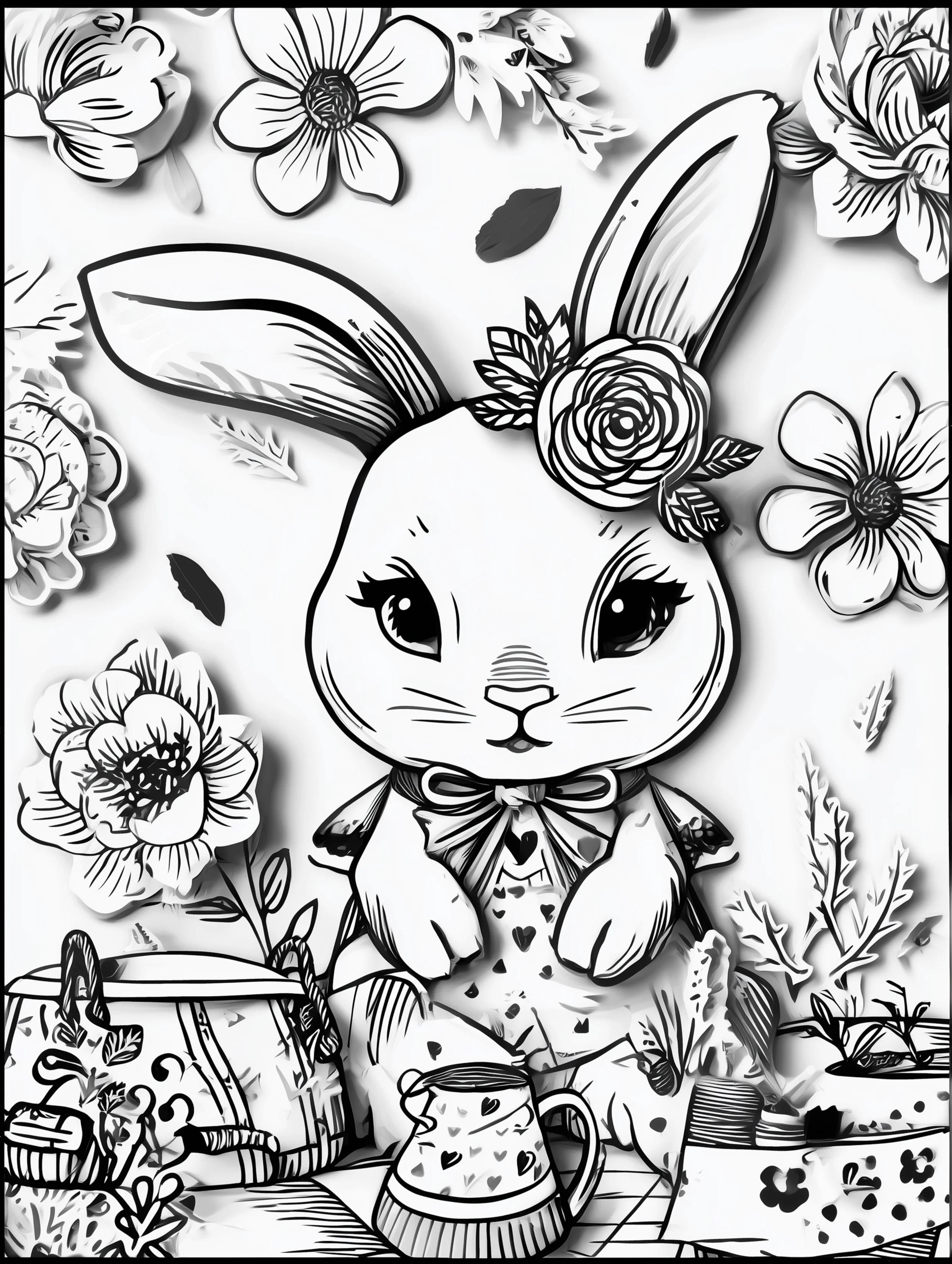 Free printable rabbit coloring page for adults featuring a bunny at tea time